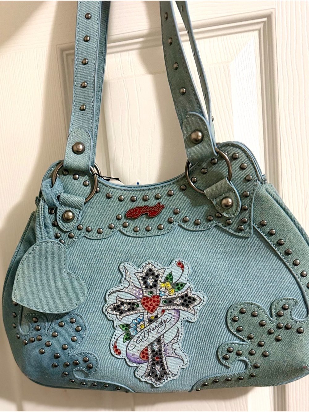 Ed Hardy Teal Studded Denim Shoulder Bag with Cross Patch